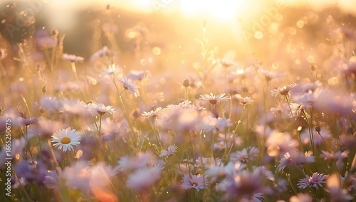 A dreamy wildflower meadow at sunset. A serene and beautiful natural background with soft sunlight and golden bokeh lights. Generative Ai.