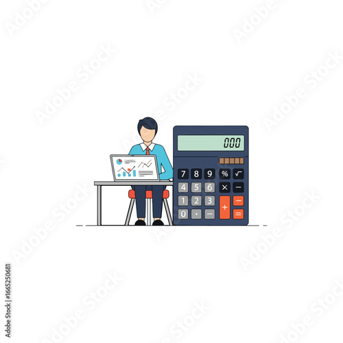 A businessman sits at a desk with a laptop displaying financial charts, next to a large calculator, symbolizing financial analysis and accounting.