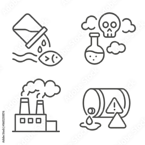 Environmental pollution icons: hazardous waste, contaminated water, industrial emissions, toxic skull