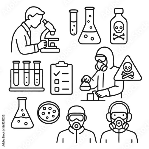 Laboratory safety icons in linear style featuring hazmat suit, microscope, and chemical containers