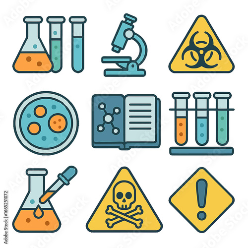 Colorful science lab icons set with warning signs and equipment