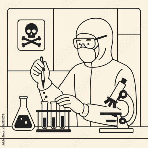 Scientist in laboratory conducting experiment with test tubes in protective gear linear style