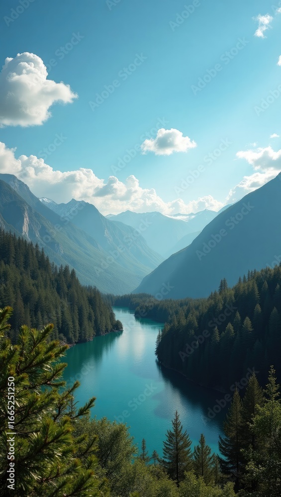 Obraz premium Serene mountain lake nestled in a valley.
