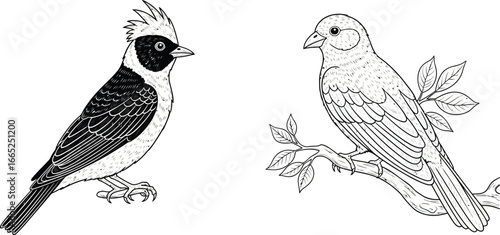 Two bird drawings one black and white and one on a branch with leaves in a line art style image