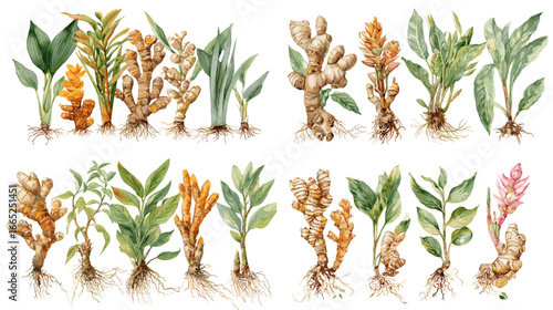 Watercolor illustration of herbal root plants such as ginger and turmeric with leaves and stems. Ideal for natural medicine, herbal remedies, and organic farming.