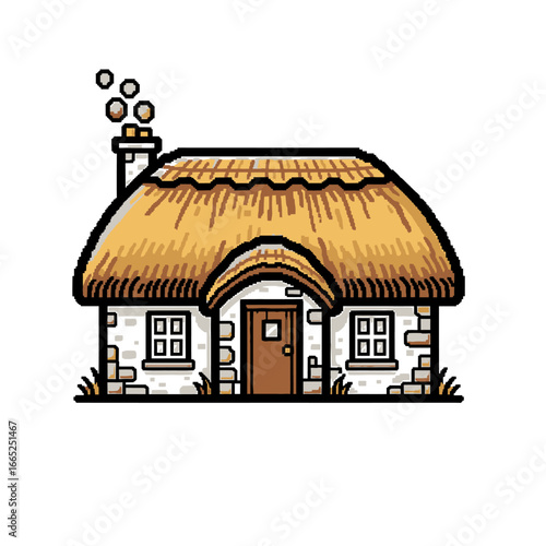 Cartoon illustration of a traditional thatched-roof cottage with stone walls.