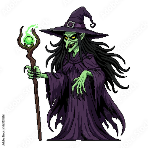 A wicked-looking green-skinned witch, holding a glowing staff, stands in a tattered purple robe.