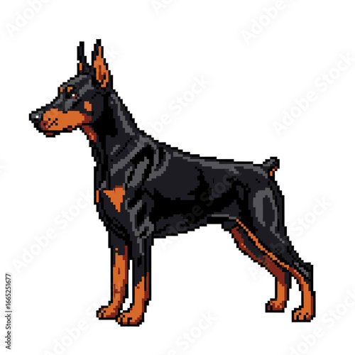 Pixelated illustration of a Doberman Pinscher dog standing proudly, showcasing its distinctive markings.