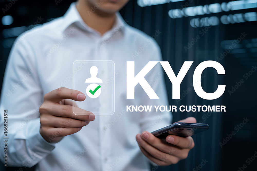 Obraz premium Man holding a smartphone displaying a digital kyc know your customer verification process with a user profile icon and checkmark for secure online identification