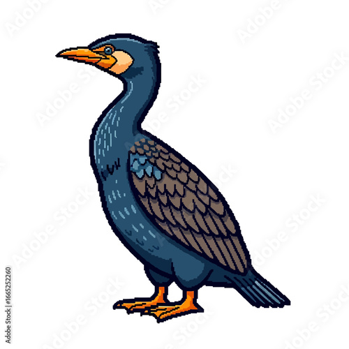 Cartoon illustration of a dark-colored cormorant bird.