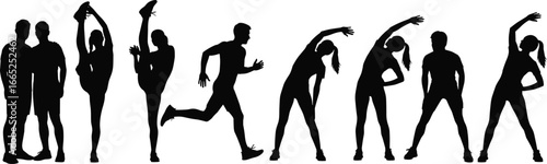Silhouettes of People Performing Fitness and Stretching Exercises for Health, Wellness, Flexibility, and Active Lifestyle in Vector Illustration on White Background