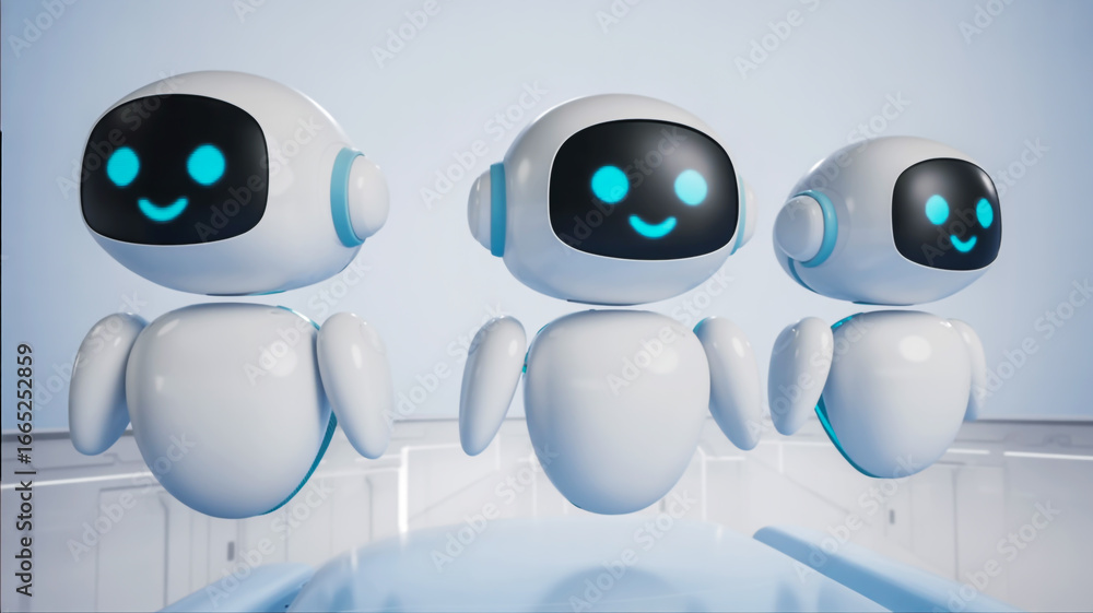 Fototapeta premium Three adorable friendly white robots with glowing blue eyes and happy faces in a futuristic setting