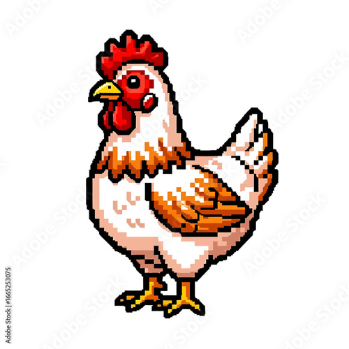 Pixel art depiction of a hen, showcasing its reddish-brown and white plumage.