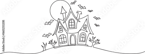 Continuous single line drawing of a haunted house with bats flying in minimalist black outline art style for halloween design