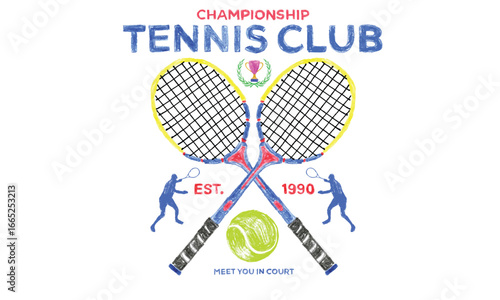 Tennis club artwork for t shirt, posters, stickers, background and others. Tennis bat oil pastel design. Meet me in the court.