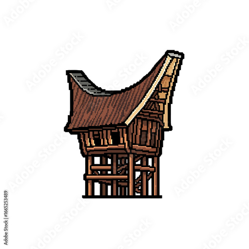 Pixel art illustration of a traditional Toraja house with a distinctive curved roof, elevated on stilts.