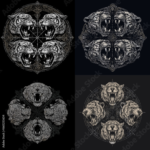 Intricate mandala illustration featuring roaring tiger and bear heads in symmetrical circular design. Perfect for tattoo, gothic, and fantasy artwork themes.