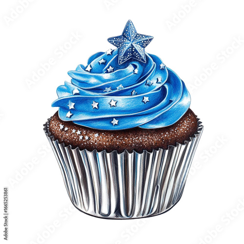 Blue frosted cupcake with star decorations, isolated on transparent background PNG