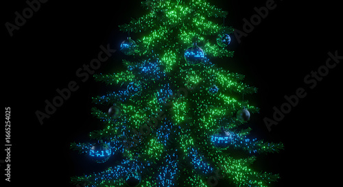 Futuristic Christmas tree glowing with neon green and blue lights for holiday celebrations