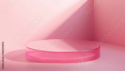 Stylish Pink Translucent Circular Glass Modern Showcase Model Pedestal For Commercial Products Display With Abstract Geometrical Design Rendering.