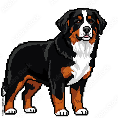 Pixel art illustration of a Bernese Mountain Dog, standing, full body view.