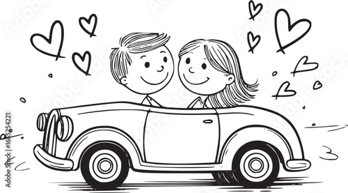 Couple in Love Drive: Charming sketch illustration of a loving couple enjoying a romantic drive in a classic car. Featuring the hearts around them in the air and representing the love and care.