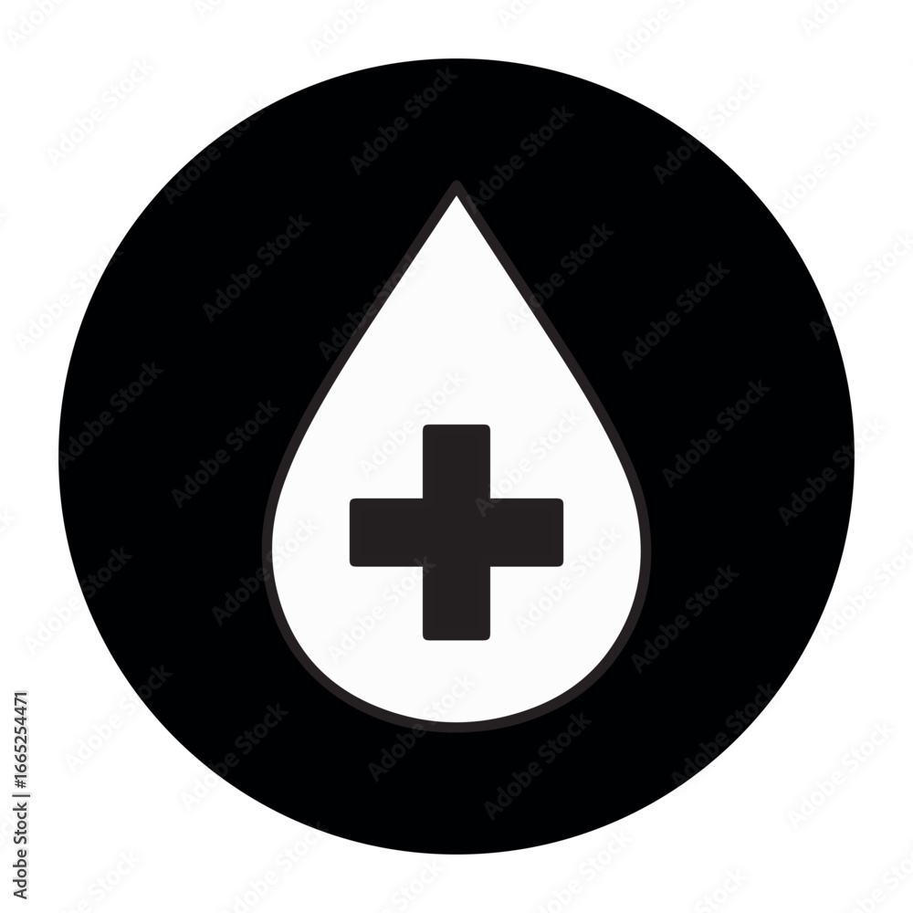 Fototapeta premium Black and white icon of a blood drop with a medical cross icon on white background