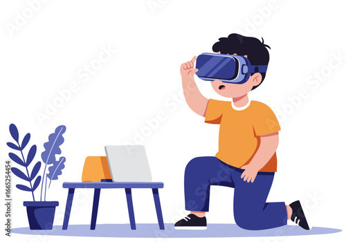 A young boy enjoys virtual reality, immersed in a digital world through VR goggles. A laptop and graphics display are visible, creating a modern, engaging scene. Bright, playful illustration.