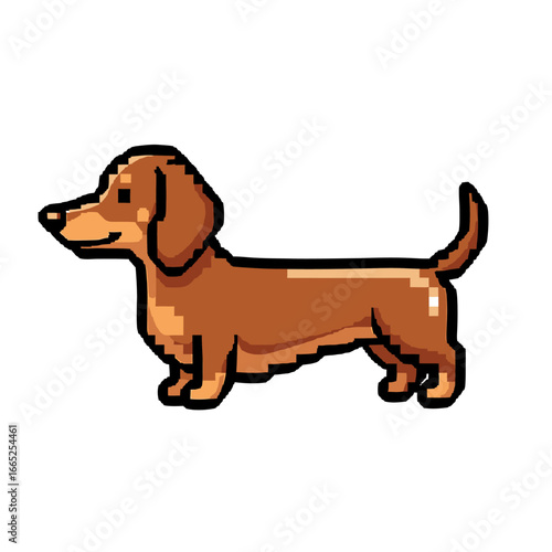 Pixelated illustration of a dachshund dog, side view, in warm brown tones.