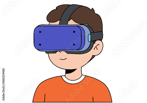 A young boy immerses himself in virtual reality with a VR headset. Bright colors and a playful design create an engaging visual. Perfect for tech, gaming, and education themes.