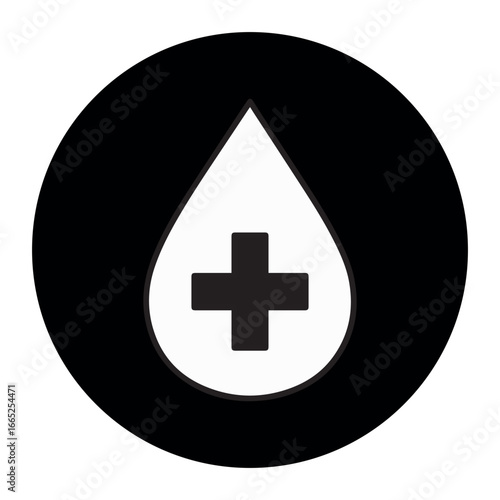 Black and white icon of a blood drop with a medical cross icon on white background