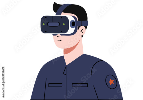 A man wearing a VR headset immerses himself in a digital scenario. Modern illustration style, soft pastel background, focused on virtual reality experience.