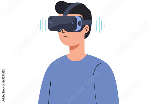 A young man wearing VR goggles experiences 'PTSD Calm' through SOOF. He appears contemplative, suggesting a therapeutic VR application. Soft, muted tones and a modern style.