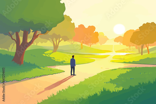 A man stands on a path in a park on a sunny day, looking ahead