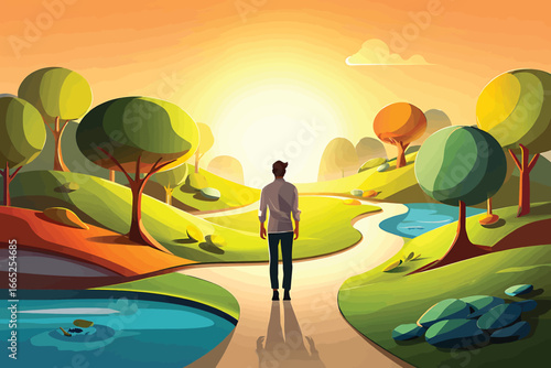 A man stands on a path in a vibrant, stylized landscape at sunset