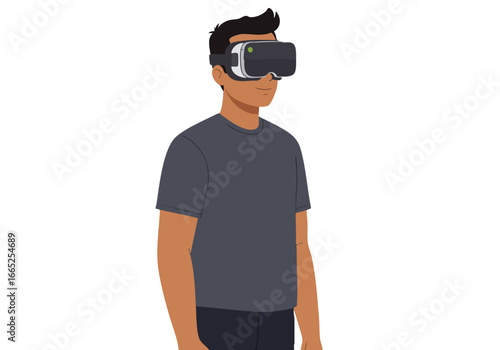 man wears VR goggles experiencing a digital simulation Modern illustration style clean background focused on technology and immersive experiences Suitable for tech virtual reality and digital concepts