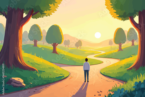 A man walking on a path through a forest towards the sun at sunset