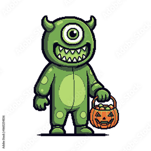 A cheerful one-eyed monster in a green costume holds a Halloween pumpkin candy bucket.
