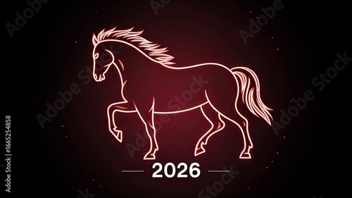 A stylized red horse symbolizes the Year of the Fire Horse, 2026. The horse is depicted in a dynamic pose against a dark background.
