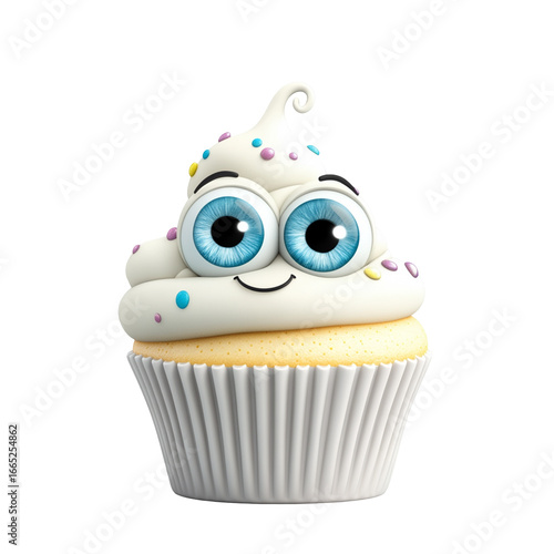 Whimsical cupcake character with big eyes and a sweet smile, isolated on transparent background PNG