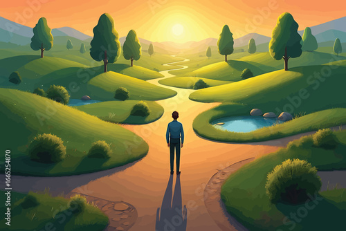 A person stands on a path amidst a serene, sunlit green landscape at dusk