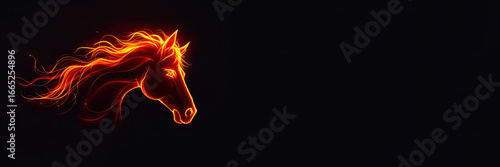 A fiery red horse head silhouette against a dark background. The horse's mane appears to be made of flames, symbolizing strength and vitality.