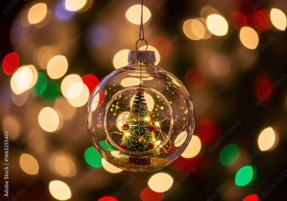 Obraz premium Closeup of a glass christmas ornament with a miniature tree inside, blurred festive lights background