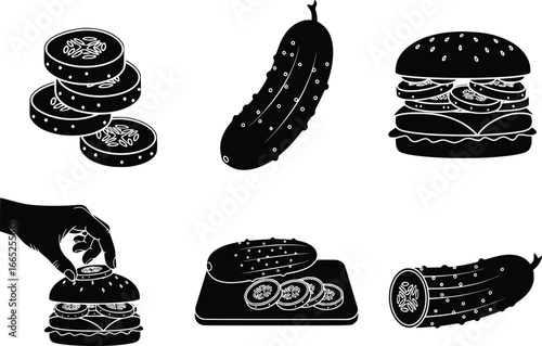 Silhouette collection featuring delicious burgers pickles and stacked burger ingredients for food concepts