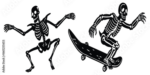 Skateboarding and Dancing Skeletons, A set of two black and white illustrations showing skeletons, one striking a pose and the other riding a skateboard with a toothy grin.