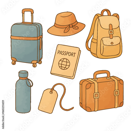 Travel essentials: passport, luggage, backpack, hat, and more in vintage style