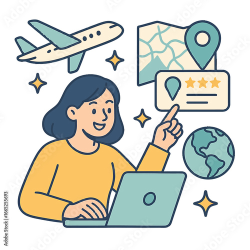 Travel planning concept with woman using laptop for online booking and navigation