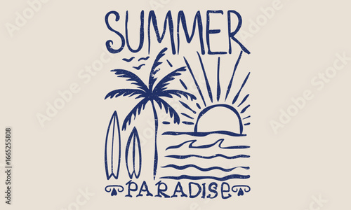 Enjoy summer. Sunshine paradise graphic print design. Beach line art. Sunshine on my mind. Summer vibes artwork.