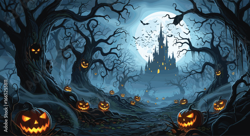 Eerie landscape of a haunted forest on Halloween night, with glowing jack-o'-lanterns lighting a path to a mysterious and dark castle