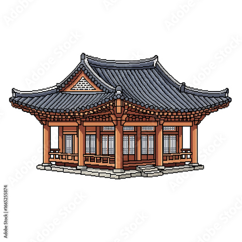 Traditional Korean pavilion, detailed illustration, wooden structure, curved roof, Asian architecture.